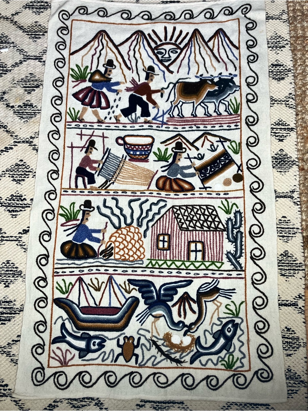 Vintage Peruvian story tapestry wall hanging wool